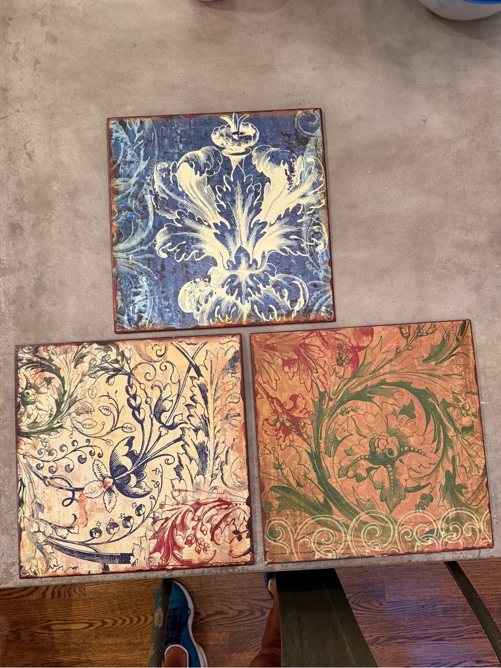 Set of 3 Decorative Floral Wall Tiles - Blue, Cream & Coral